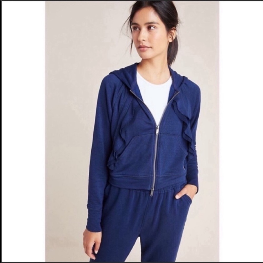 Anthropologie Free People Movement Ruffle Cropped Knit Hoodie Navy XS Activewear